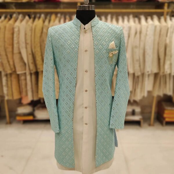 Trendding Design Mirror Work Open Shrug Sherwani With Pent