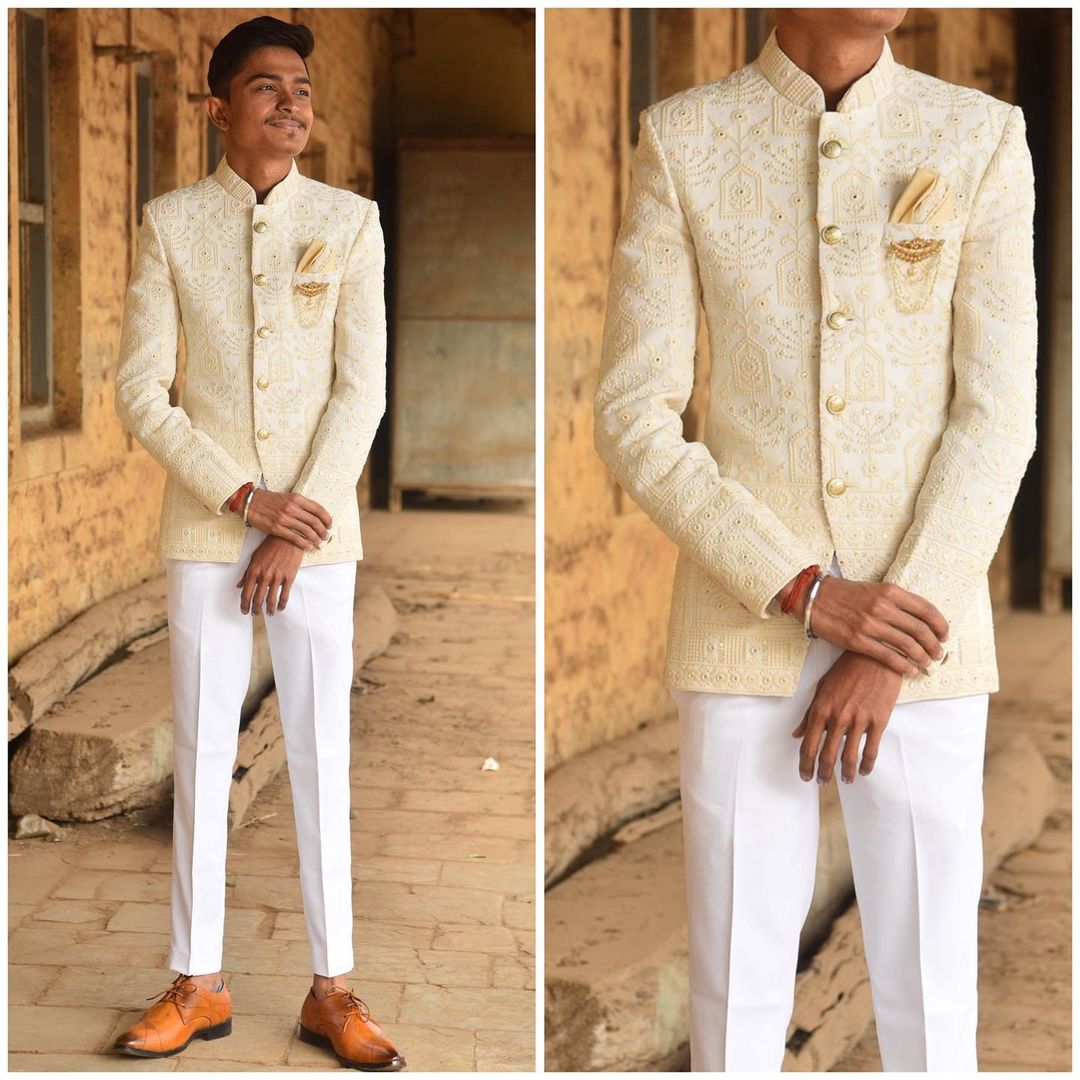 Jodhpuri Suit For Men Wedding RKL-JPST-6819-172508 Cream Men Reception  Dress – iBuyFromIndia