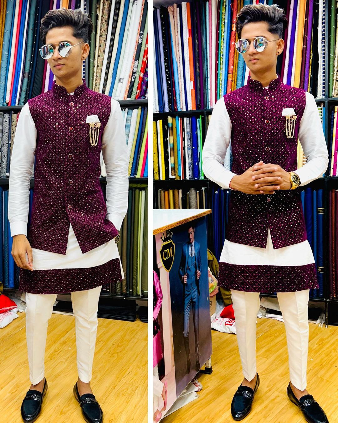 Buy Men Turquoise Woven Design Nehru Jacket Kurta Set Online