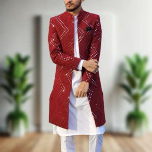Men’s Wedding Special Designer Luxury White Kurta Pajama with Maroon Mirror Embroidery Open Shrug Set Stylish Groom & Party Wear by Faisaloutfits