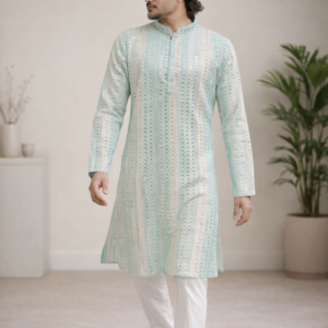 Men’s Premium Wedding Wear Designer Kurta Pajama Set with Mirror Embroidery Work by Faisaloutfits Luxury Ethnic Outfit for Festive & Special Occasions